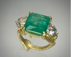 Large Emerald Three Stone Setting Twig Ring